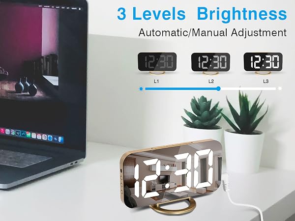 led mirror clock for girl gold