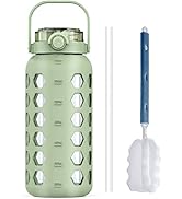 MUKOKO Half Gallon/64 oz Glass Water Bottles with Straw and Lid,Motivational Water Jug with Time ...