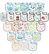 2ooya Cotton Waterproof Baby Bibs - 24Pcs Adjustable Hook Loop Closure Bib for Feeding Teething D...