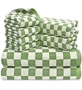 Green Checkered Towels Set of 8, Cotton Towels for Bathroom, 2 Bath Towels, 2 Hand Towels, 4 Wash...