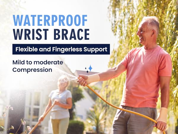 man wearing gel wrist brace while spraying garden hose showing waterproof wrist support outdoors
