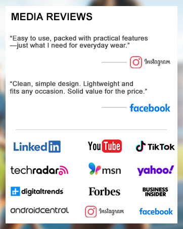 Text reads 'MEDIA REVIEWS' with social media quotes and logos including Instagram, Facebook, LinkedIn, YouTube, TikTok, Techradar, MSN, Yahoo, Forbes and other media outlets.
