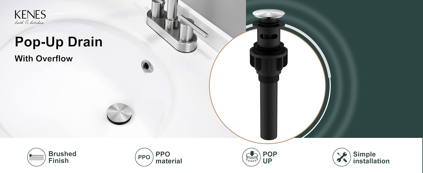 KENES Brushed Nickel Bathroom Sink Drain Stopper Pop up Sink Drain with Overflow