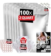 2 Quart Mylar Bags 100pcs with 500cc Oxygen Absorbers-112 Labels & Stand-Up Reusable Airtight Lon...