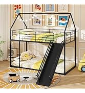 Giantex Twin Over Twin Bunk Bed with Slide & Ladder, House-Shaped Metal Bunk Bed Frame with Safet...