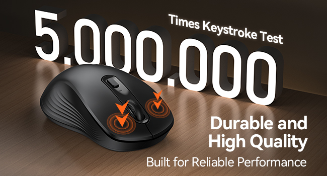 Text reads '5,000,000 Times Keystroke Test' and 'Durable and High Quality' and 'Built for Reliable Performance'. Shows black computer mouse with orange accents.