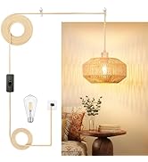 Plug in Rattan Pendant Light - Boho Hanging Light Fixture with 3-Level Dimmable Bulb 15ft Cord an...