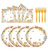 72 Pcs Fall Party Supplies Paper Plates and Napkins, Thanksgiving Pumpkin Flower Wreath Plates Na...