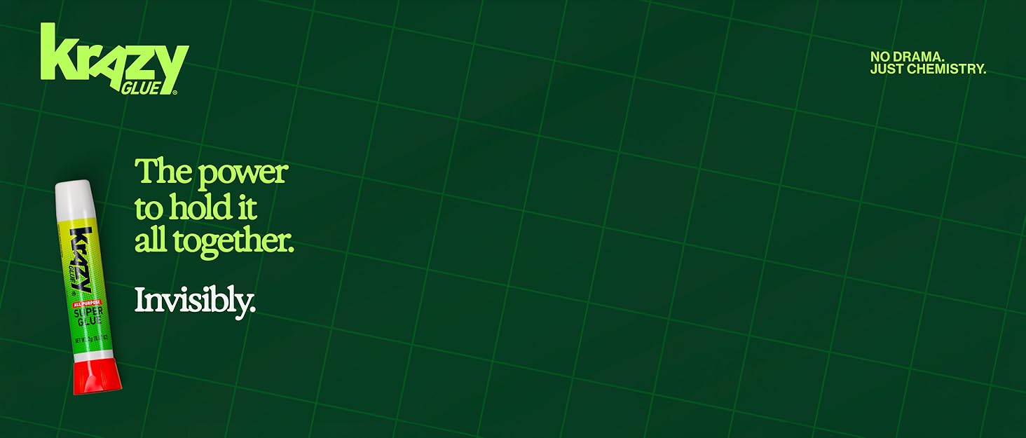 Krazy Glue All Purpose Super Glue tube on green grid background with invisible strong bond tagline