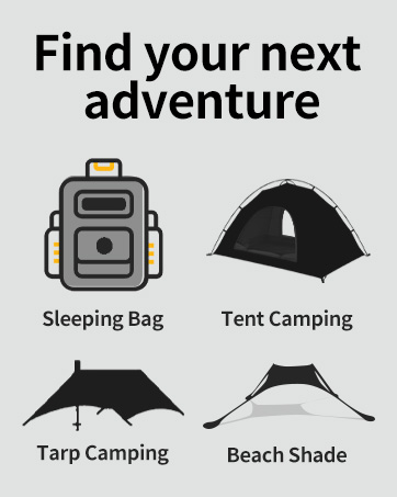 Grey background with text 'Find your next adventure' above four icons representing camping gear: sleeping bag, tent, tarp, and beach shade.