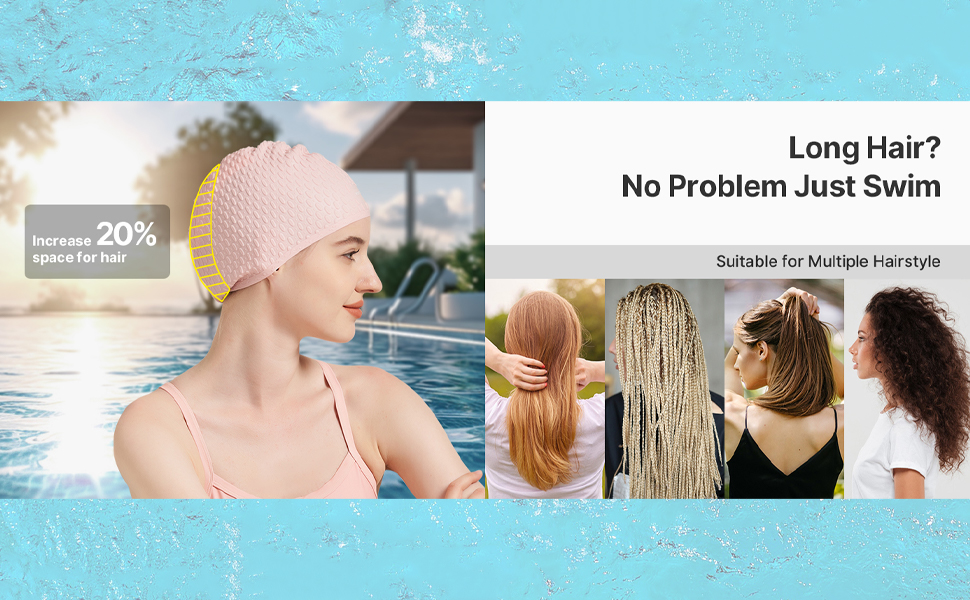 Silicone swim cap designed for long hair with extra space for ponytails, buns, and curly hair