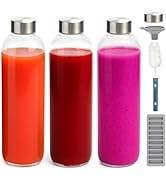 Zukro Glass Water Bottles with Lids 32 oz, 3 Pack Reusable Juice Bottles With Stainless Steel Air...