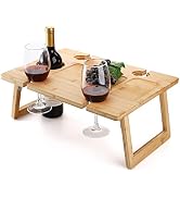 Peohud Portable Wine Picnic Table, Foldable Champagne Picnic Snack Table Tray, Wooden Outdoor Pic...