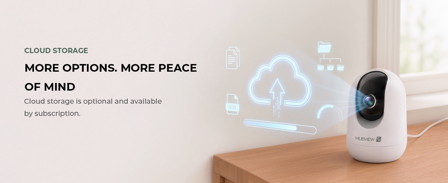 White indoor camera beside cloud storage icons, illustrating cloud video storage.