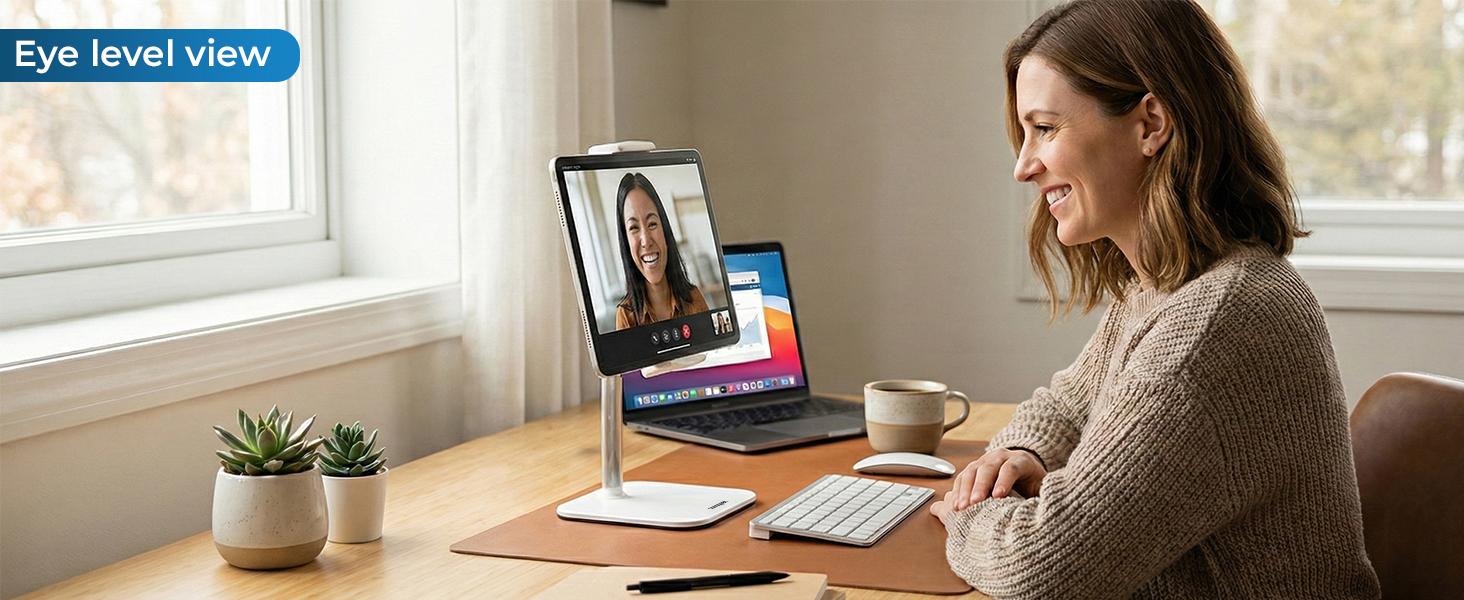 Tablet holder and iPad stand for desk keeps screen at eye level; works as Kindle stand and holder.