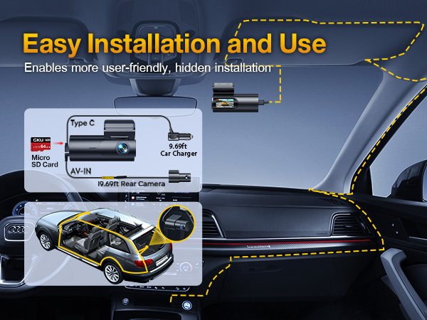 Car camera installation diagram showing Type-C connection, micro SD card slot, and AV-IN ports with hidden wiring route through vehicle interior.