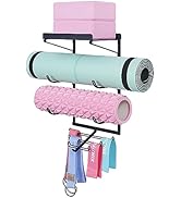 Yoga Mat Holder Wall Mount Yoga Mat Storage Rack Home Gym Accessories with 3 Sectional and 7 Hook...