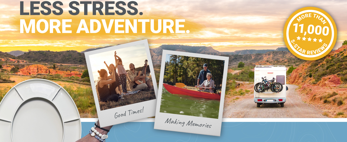 background of RV driving toward mountains, headline reads less stress, more adventure