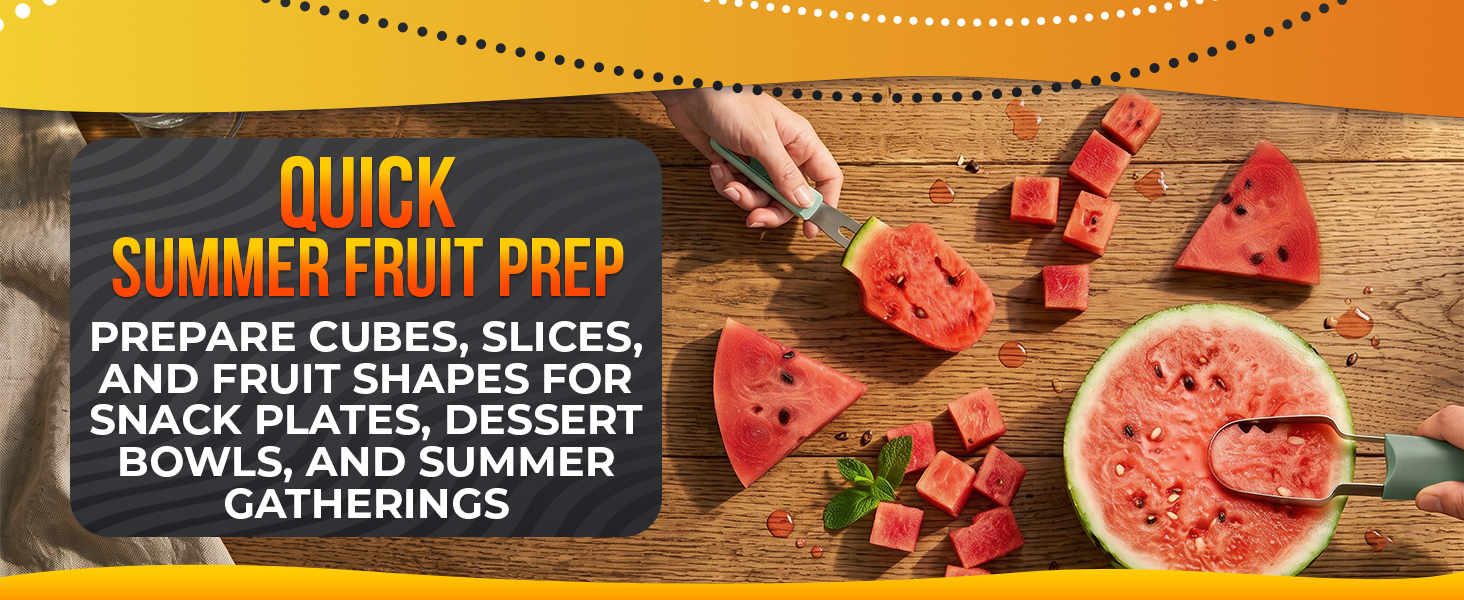 Stainless steel fruit cutter scoops flesh from a halved melon while a fork lifts a red stick