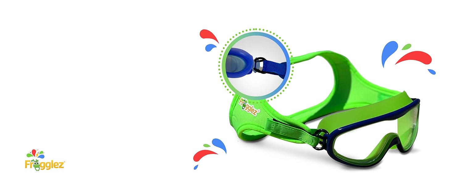 Wide-view swim mask for kids; Frogglez comfort strap fits mask-style goggles for better visibility.