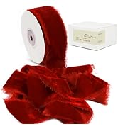 Red Velvet Ribbon for Gift Wrapping - 1 1/2 Inch 5 Yards Handmade Silk Fabric with Frayed Edge fo...