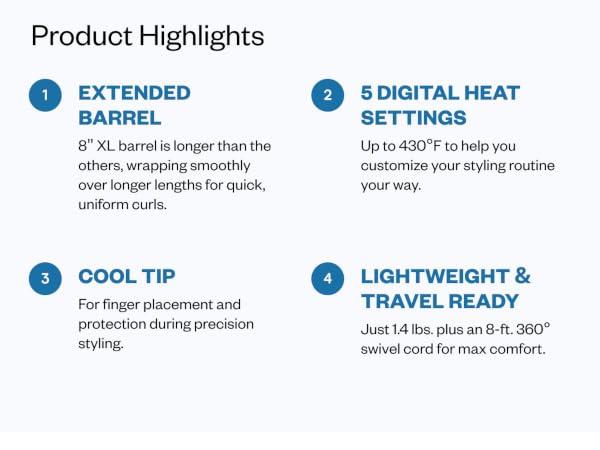 extended barrel. 5 Digital Heat Settings. Cool tip. Lightweight & Travel Ready