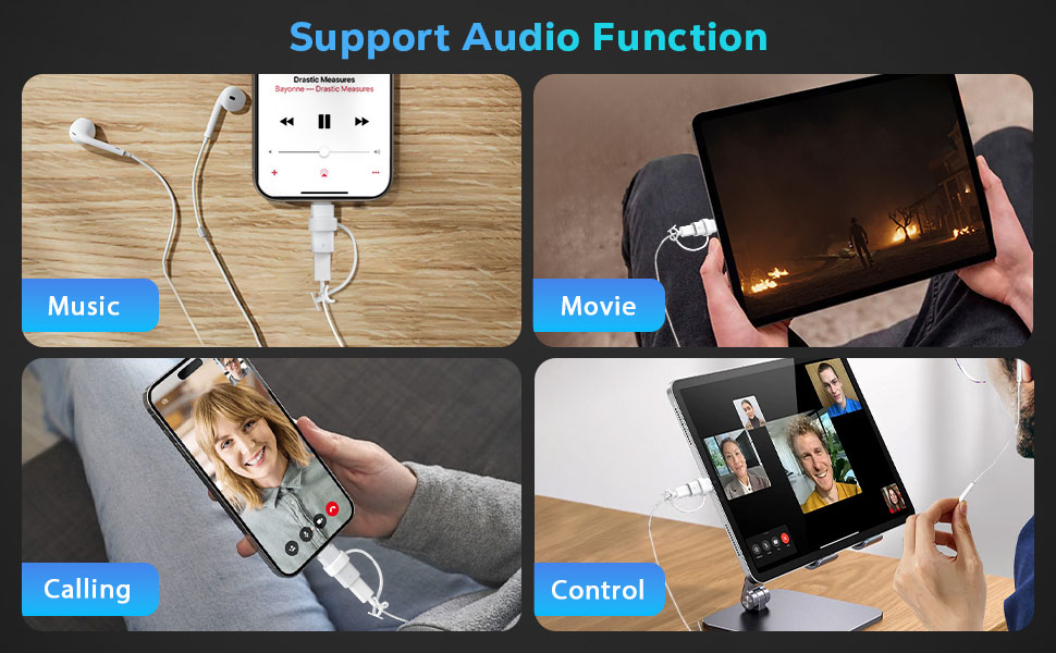 Text reads 'Support Audio Function'. Four-panel product demonstration showing device usage scenarios for music, gaming, and media control features.