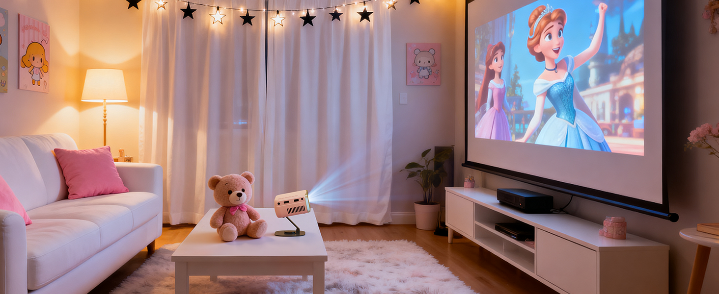 Interior room views showing projection or display setup with illuminated screens and comfortable seating arrangements.