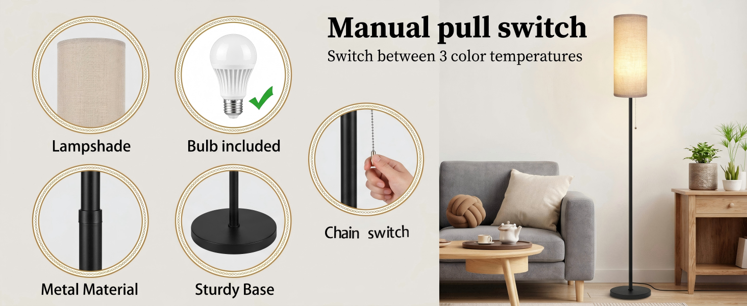 Floor Lamp for Living Room, Modern Standing Lamps with Lampshade, Minimalist Tall Lamp