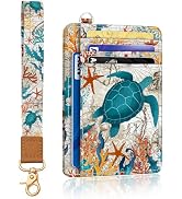 Yonlevres Sea Turtle Credit Card Holder Slim Wallet, RFID Wallet Women Front Pocket Wristlet Lany...