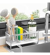 Cisily Sponge Holder for Kitchen Sink, Stainless Steel Silver Sink Caddy with High Brush Holder, ...