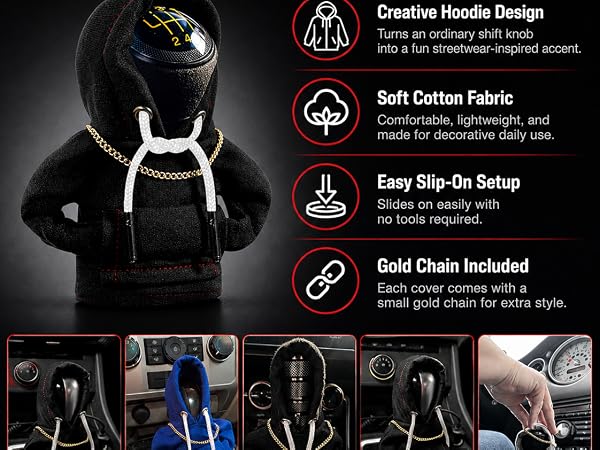 Mini hoodie shift knob cover highlights: hoodie design, cotton fabric, easy setup, and chain.