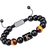 Purdvro Letter Initial Letter A-Z Bracelet for Men Teens Handmade Natural Black Onyx Tiger Eye St...