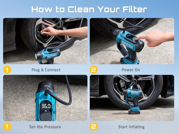 SEESII Cordless Tire Inflator Portable Air Compressor 4 Steps