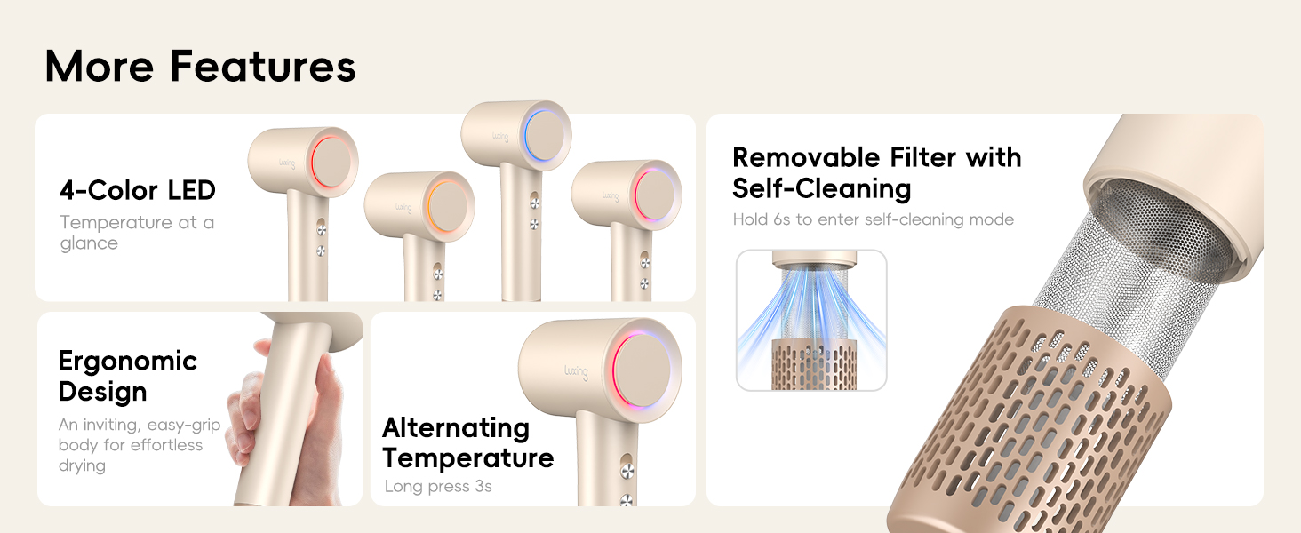 More Features with 4-Color LED lights Removable Filter with Self-Cleaning and Ergonomic Design