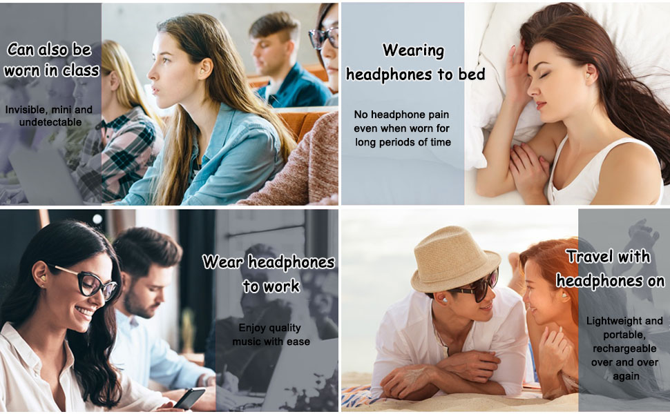 Multi-panel infographic showing various scenarios of headphone use, with text overlays describing different listening situations.