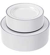 FOCUSLINE 102Pcs Silver Plastic Plates, Disposable Plates with Silver Rim, Including 51 Dinner Pl...