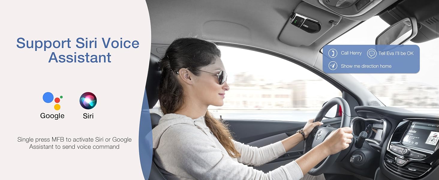 Car interior showing dashboard and steering wheel. Woman driving. Text overlay indicates support for Siri and Google voice assistants in the vehicle.