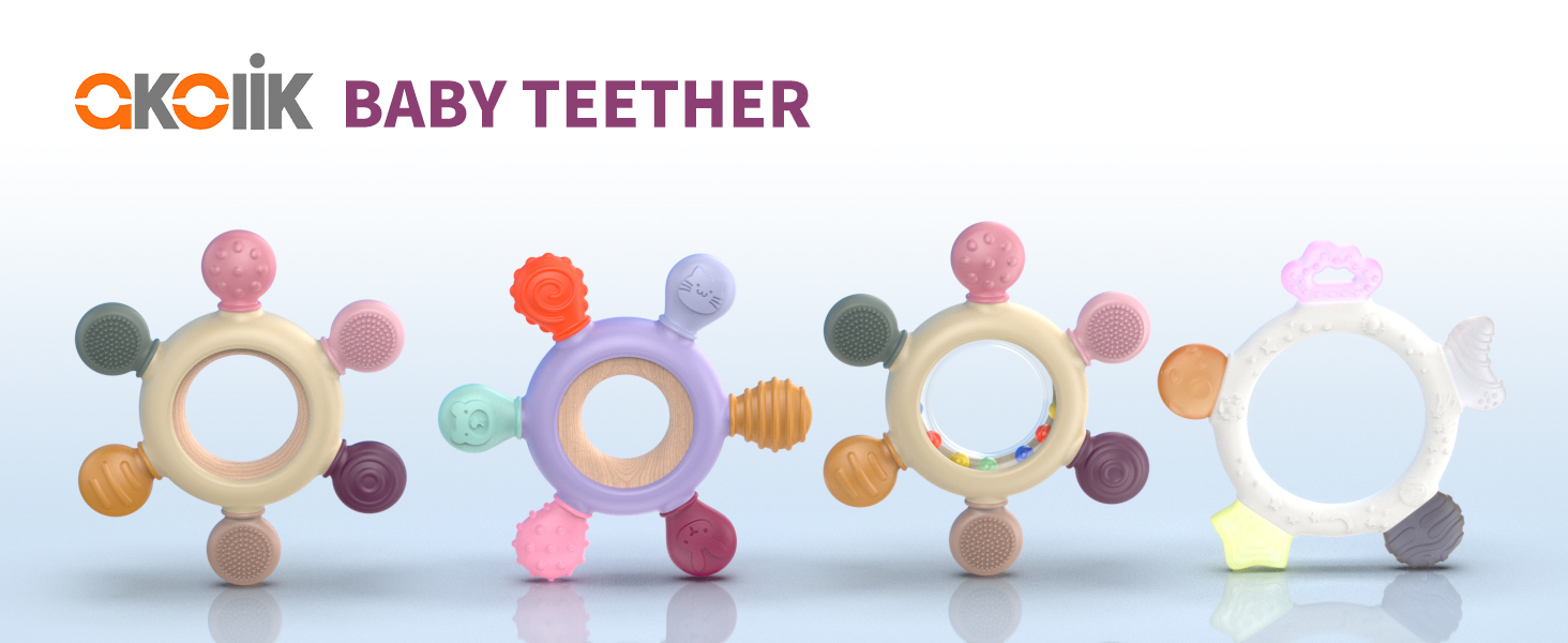 Four colorful baby teethers with circular bases and attached spherical protrusions. Each teether features a variety of pastel colors and textures for infant sensory stimulation.
