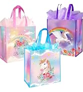 BLEWINDZ 3Pcs Large Reusable Gift Bags with Tissues – Rainbow Kids Girls Gift Bags with Handles f...