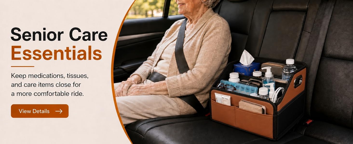 Car seat organizer for senior care essentials, medications, tissues, bottles, and backseat storage.