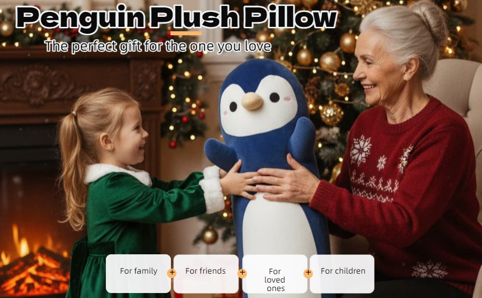 Text reads 'Penguin Plush Pillow'. Series of images showing a large blue and white penguin plush toy in holiday setting with Christmas lights in background.