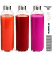Zukro Glass Water Bottles with Lids 32 oz, 3 Pack Reusable Large Juice Bottles With Stainless Ste...