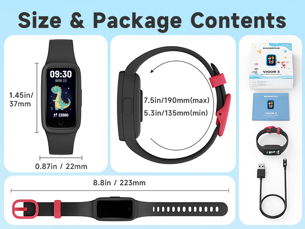 Text reads 'Size & Package Contents'. Product specifications diagram for smartwatch showing dimensions 1.45in/37mm display, with included accessories and charging cable.