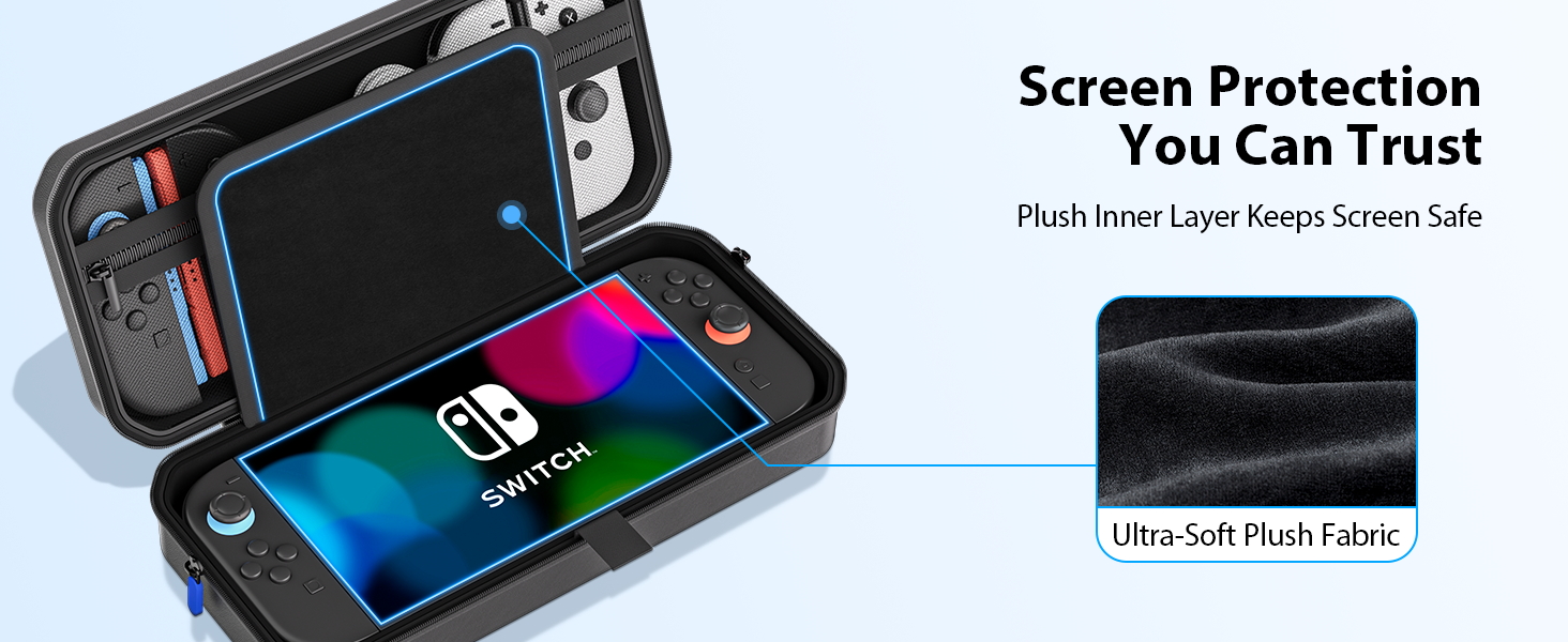 Text reads 'Screen Protection You Can Trust'. Nintendo Switch protective case and screen protector shown from multiple angles, featuring anti-glare screen protection.