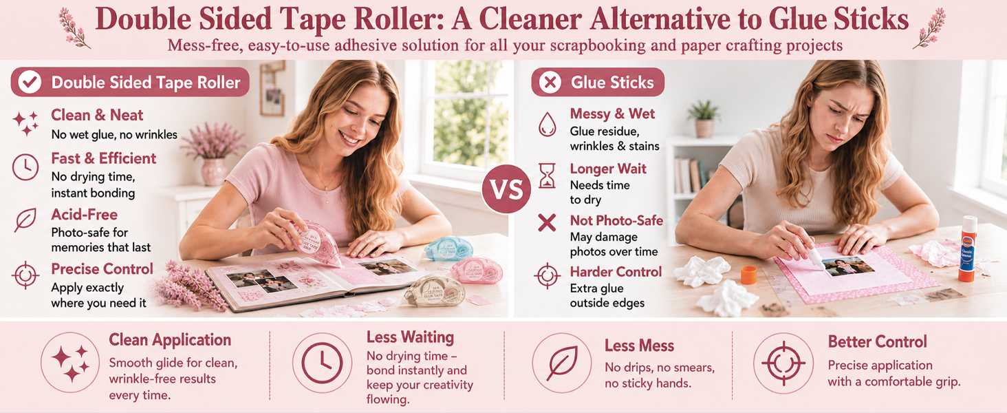 Double sided tape roller for scrapbook pages, photos and paper crafts
