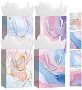 woric 4 Pack Medium Gift Bags, 10.6" Marble Birthday Gift Bags for Women | Ribbon Handles, Tissue...