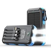 Solar Charger Power Bank 20000mAh Portable Charger with 4 Built-in Cables and USB-C in/Output, Du...