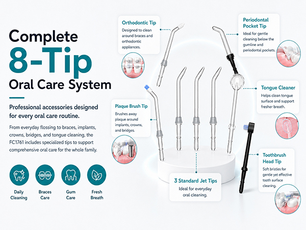 SimpliCare FC1761 countertop water flosser with 10 pressure levels, 600ml tank and 8 tips.