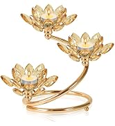 Kehail Gold 1 Pc Crystal Flower Shaped Candle Holder Set, 3-Arm Metal Votive Tea Light Candlestic...